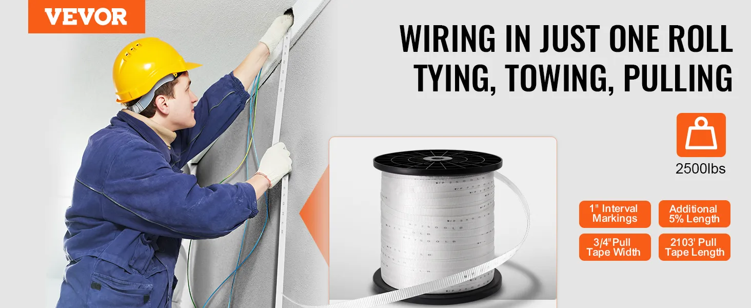 worker using VEVOR polyester pull tape for wiring tasks, featuring interval markings and 2500 lbs strength.