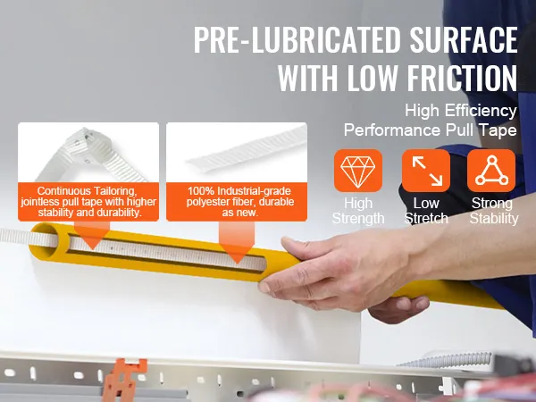 VEVOR polyester pull tape featuring pre-lubricated surface with high strength, low stretch, and strong stability.