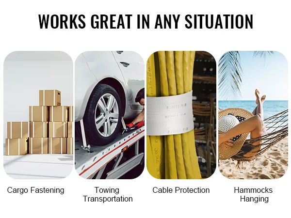 VEVOR polyester pull tape for cargo fastening, towing transport, cable protection, and hammock hanging.