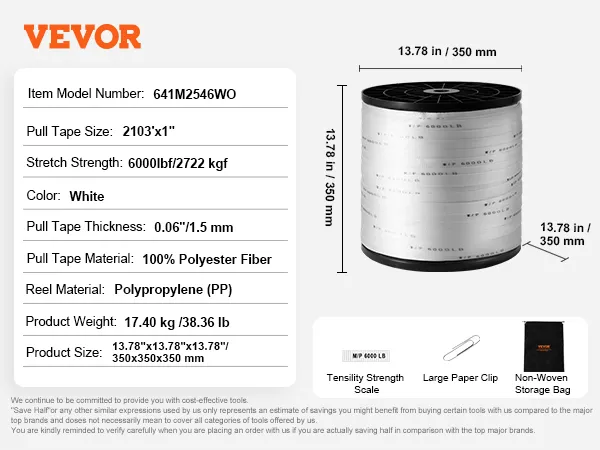Cinta de tracción de poliéster VEVOR, 2103'x1", resistencia a la tracción 6000 lb, blanca, dimensiones de carrete de 13,78 pulgadas, bolsa no tejida.