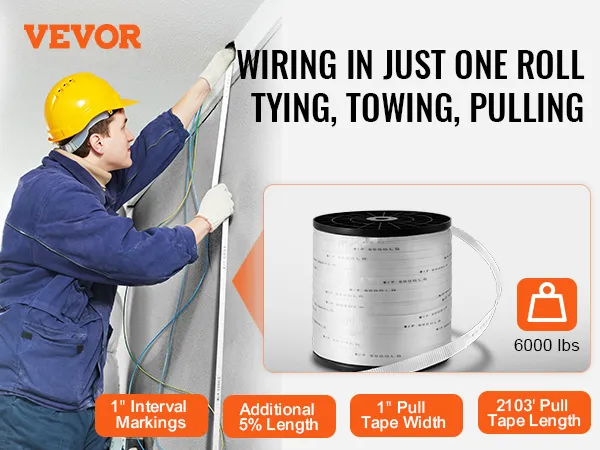 Electricista que utiliza cinta de tracción de poliéster VEVOR para cableado, remolque y tracción, con capacidad de 6000 lb y 2103' de longitud.