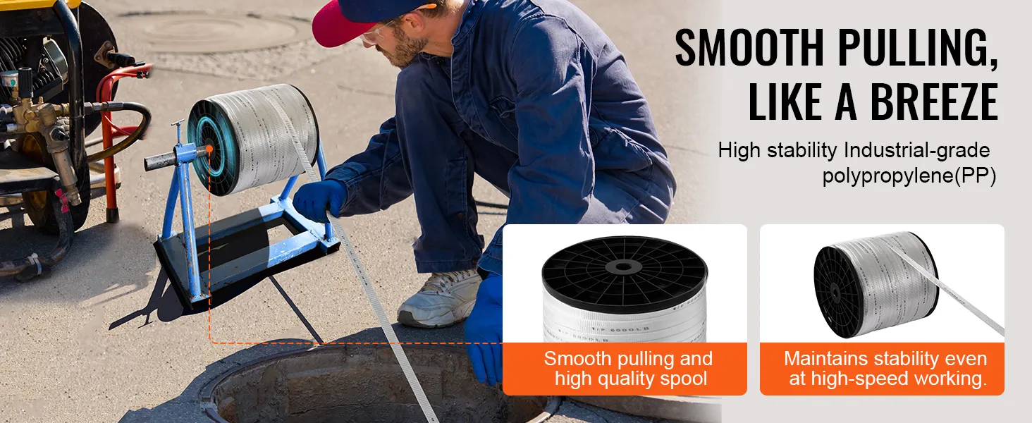 Trabajador que utiliza cinta de tracción de poliéster VEVOR con carrete de alta calidad para una tracción suave y estable.