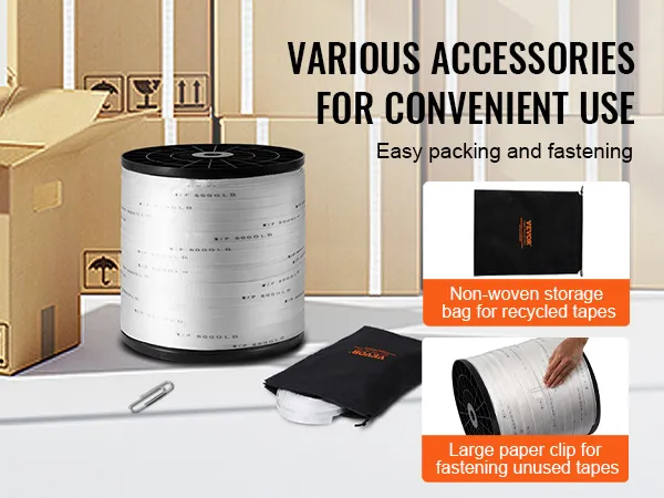 Carrete de cinta de poliéster VEVOR y accesorios con bolsa de almacenamiento y clip, ideal para embalaje.