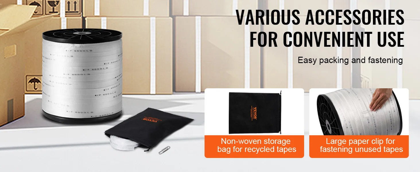 Carrete de cinta de poliéster VEVOR y accesorios con bolsa de almacenamiento y clip, ideal para embalaje.