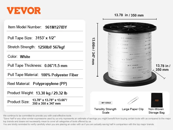 VEVOR polyester pull tape features 3153' length, 0.06" thickness, 1250lb stretch strength, and a non-woven bag.