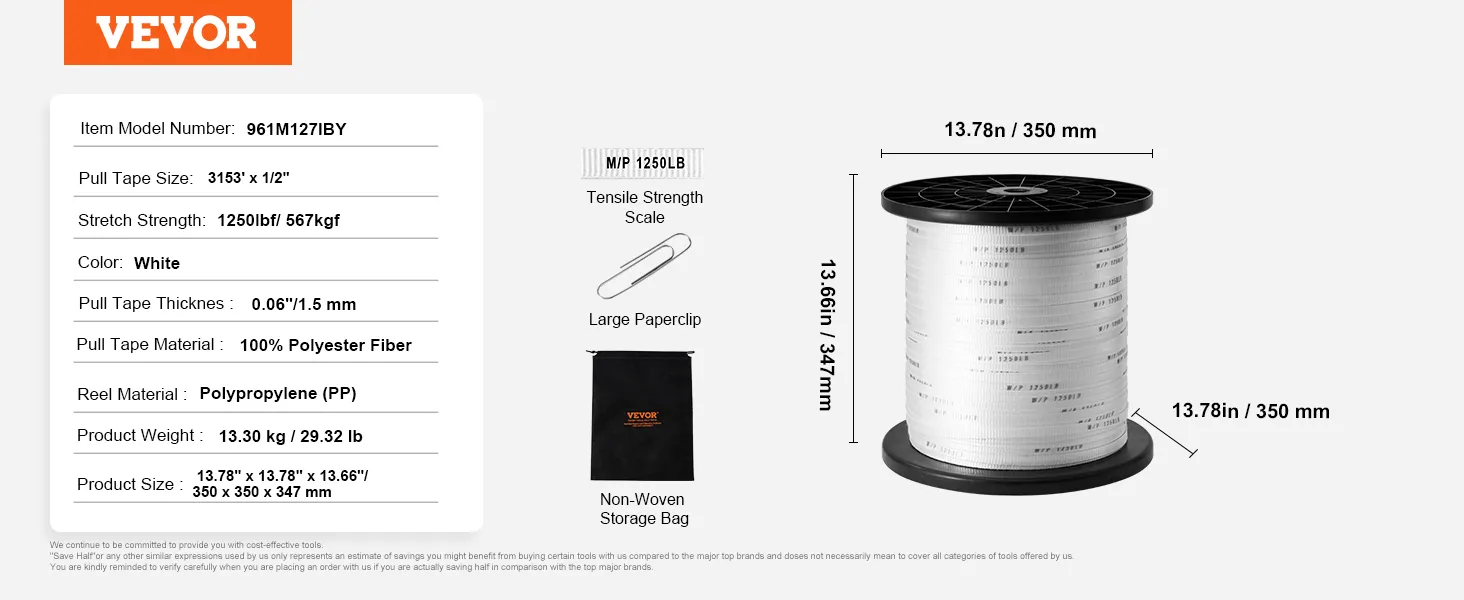 VEVOR polyester pull tape features 3153' length, 0.06" thickness, 1250lb stretch strength, and a non-woven bag.