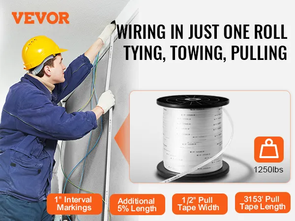 worker using VEVOR polyester pull tape for wiring, towing, and pulling; reel showing tape specifications.