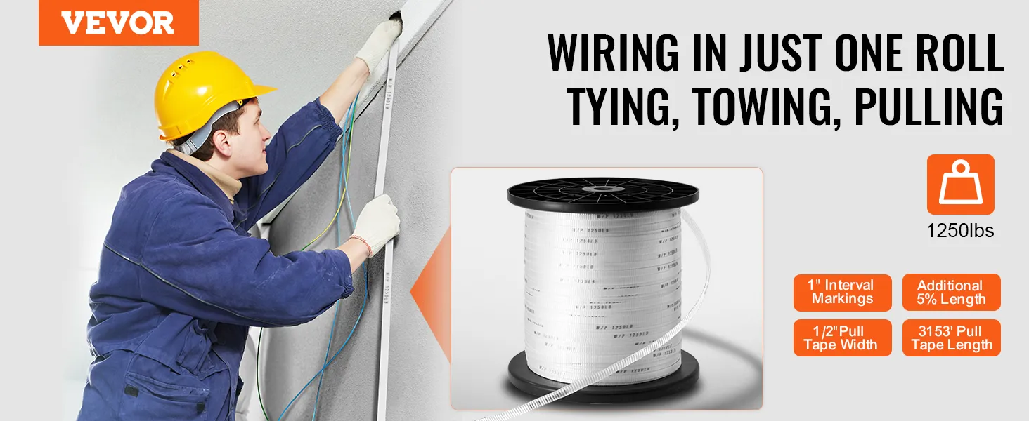 worker using VEVOR polyester pull tape for wiring, towing, and pulling; reel showing tape specifications.