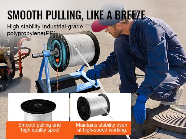 worker using VEVOR polyester pull tape from a spool for smooth pulling with high stability polypropylene.