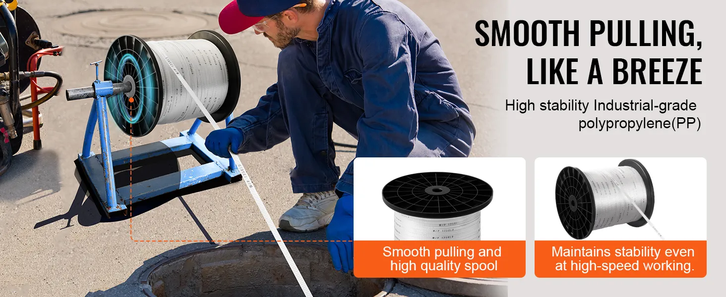 worker using VEVOR polyester pull tape from a spool for smooth pulling with high stability polypropylene.