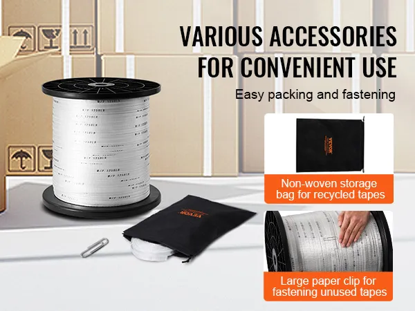 VEVOR polyester pull tape with storage bag and paper clip in a packaging setup. easy packing and fastening.