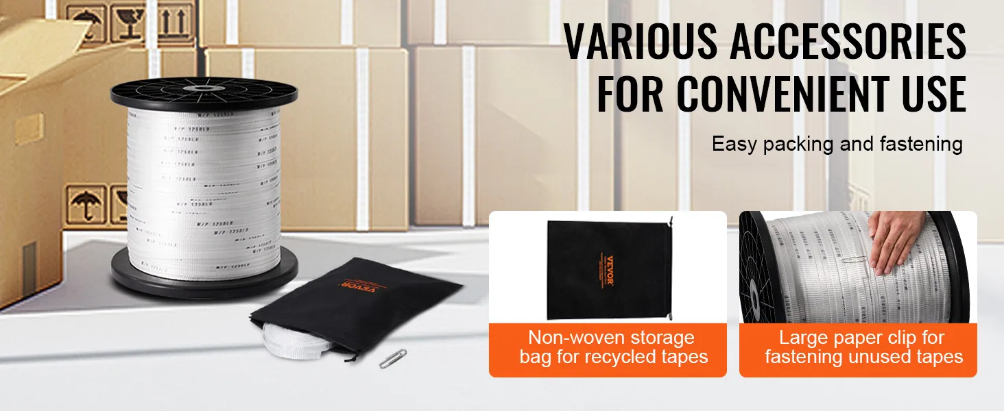VEVOR polyester pull tape with storage bag and paper clip in a packaging setup. easy packing and fastening.