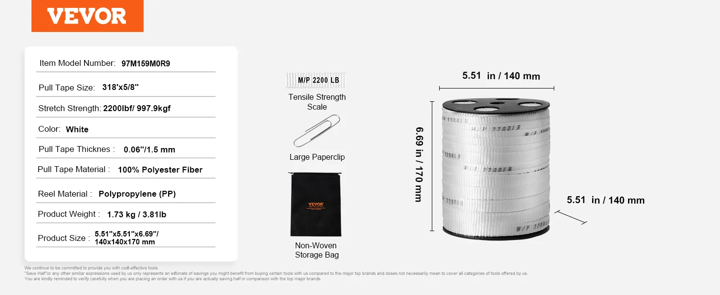 VEVOR pull tape 318'x5/8", white, 2200lbf strength, 1.73kg reel, polyester fiber, bag included.