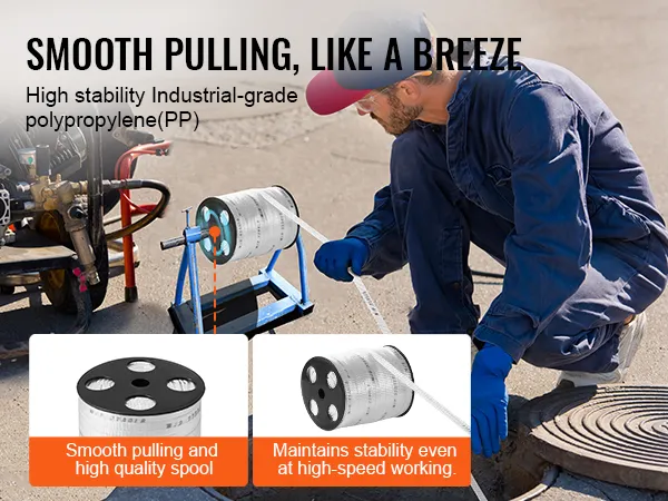 worker uses VEVOR pull tape with high stability polypropylene spool for smooth pulling operation.