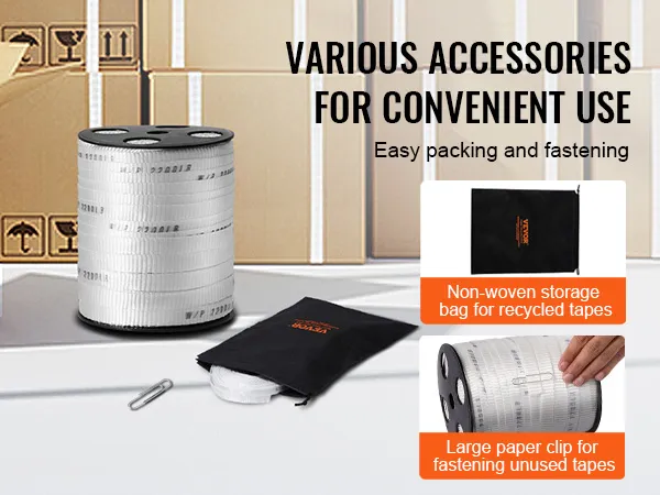 VEVOR pull tape with accessories: storage bag, paper clip, and cardboard boxes in background.