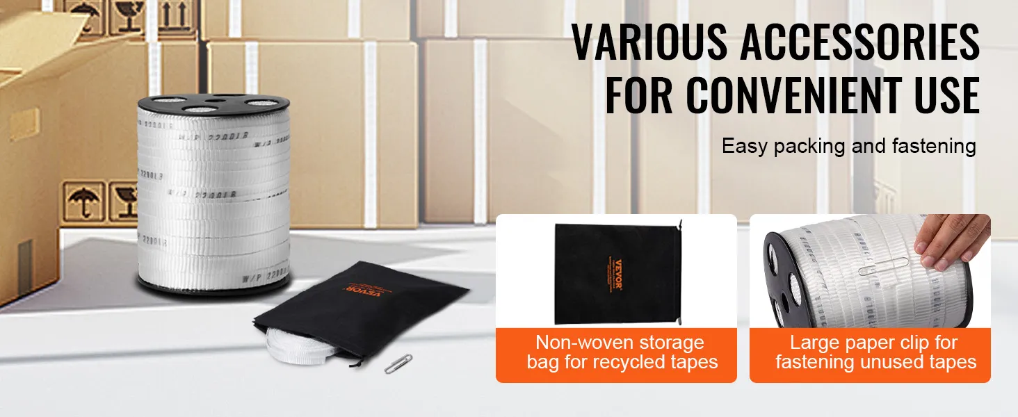 VEVOR pull tape with accessories: storage bag, paper clip, and cardboard boxes in background.