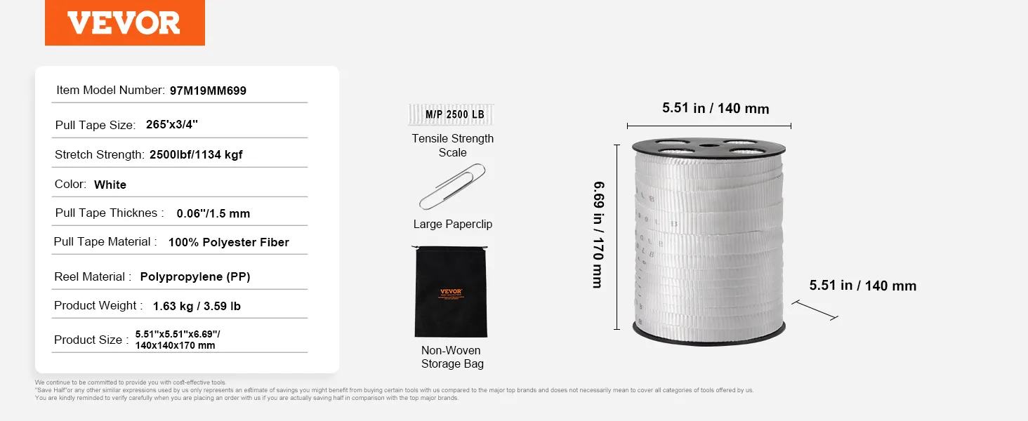 VEVOR polyester pull tape, 265'x3/4", stretch strength 2500lb, white, on reel with storage bag.