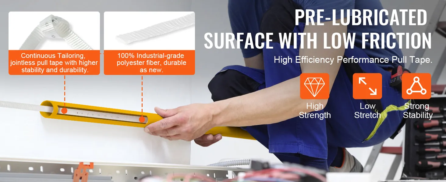 VEVOR polyester pull tape: pre-lubricated with high strength, low stretch, and strong stability.