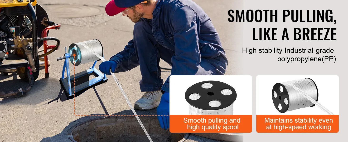 construction worker using VEVOR polyester pull tape with industrial-grade polypropylene spool.