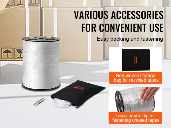 various accessories for VEVOR polyester pull tape, including storage bag and paper clip for fastening.