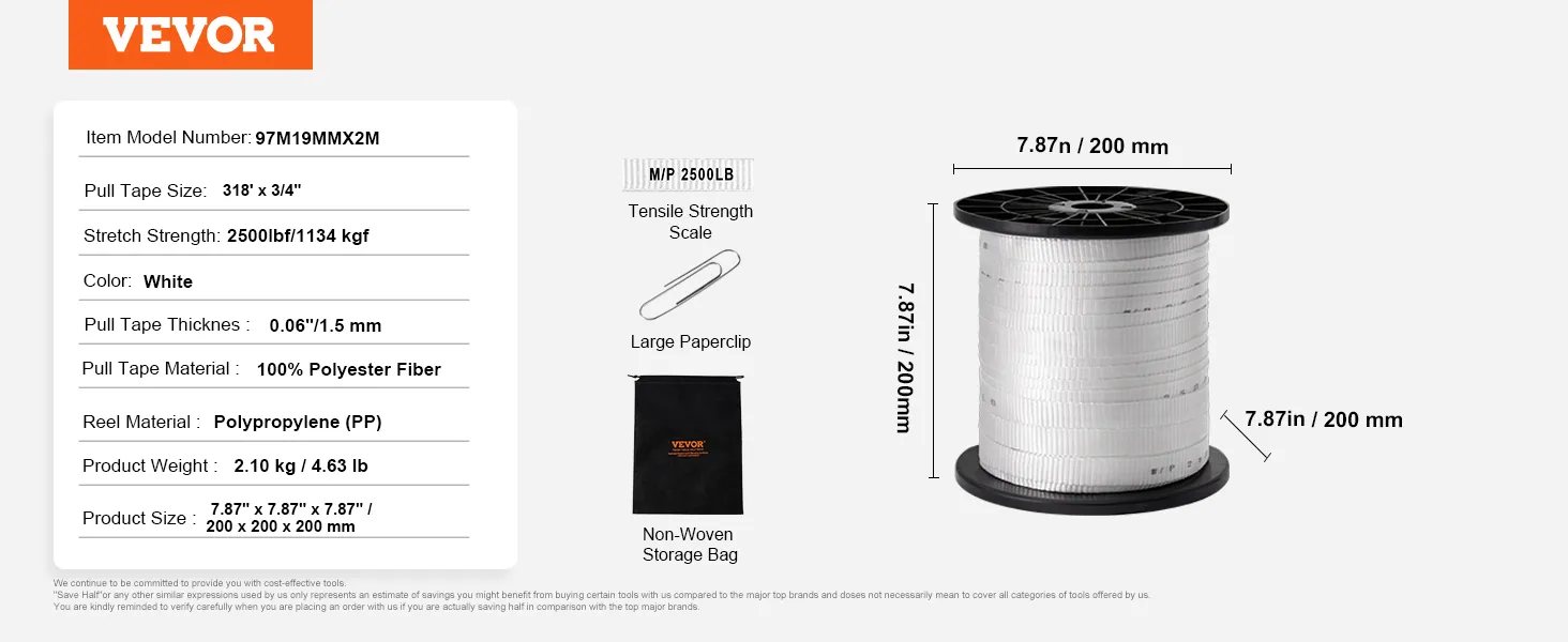 VEVOR polyester pull tape, 318' x 3/4", 2500lbf strength, white, on a spool with non-woven storage bag.
