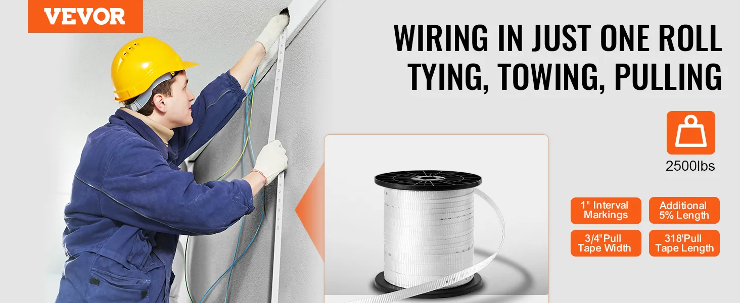 VEVOR polyester pull tape for wiring, tying, towing, and pulling; 2500lbs capacity, 318' length, 3/4" width.