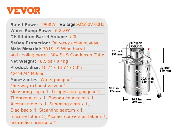VEVOR alcohol distilleerketel met een volume van 50 l, een vermogen van 2800 W en een gedetailleerde productafmetingen en componentenlijst.