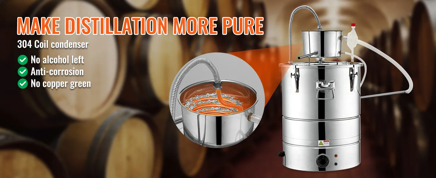 VEVOR alcohol still met 304 spoelcondensor, anti-corrosie, geen kopergroen, in een vat opslag achtergrond