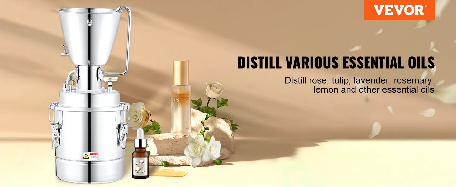 Destilador de alcohol VEVOR para aceites esenciales, con rosas, botella y destilador de acero inoxidable.