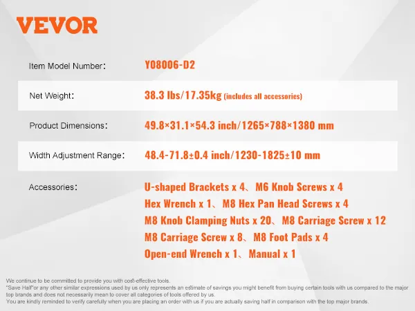 VEVOR kayak storage rack with adjustable width, includes u-shaped brackets, m6 knob screws, and tools.