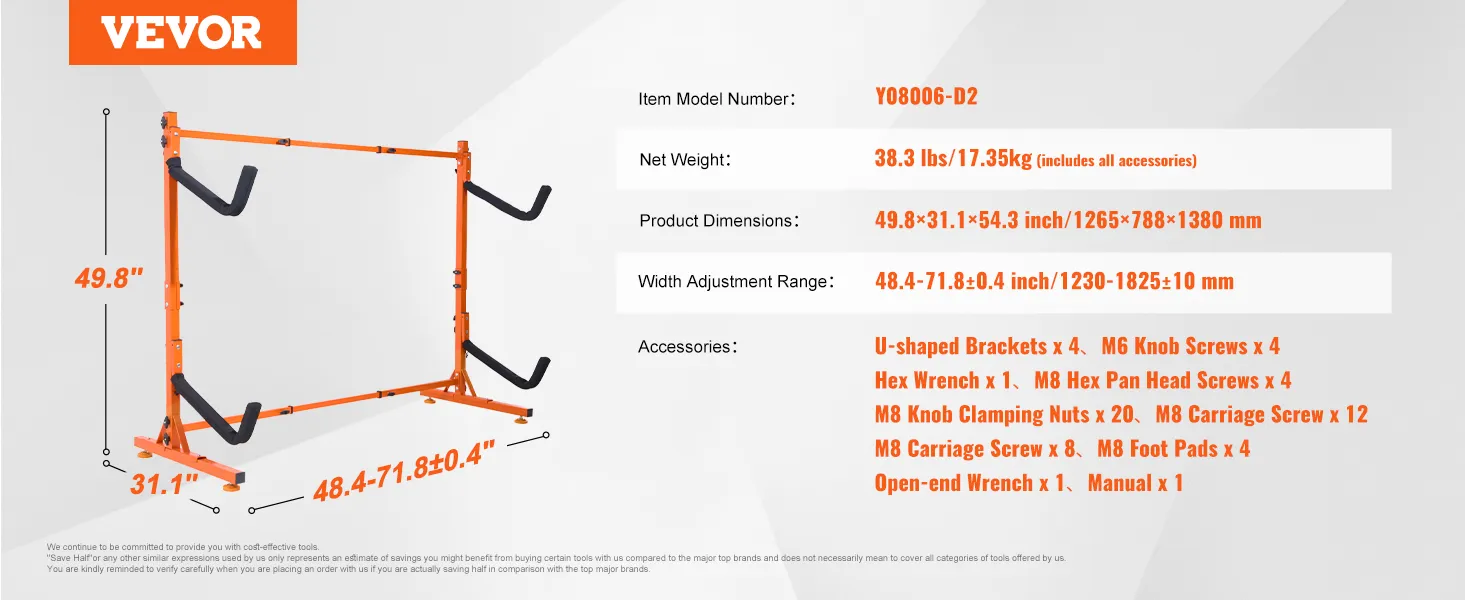VEVOR kayak storage rack with adjustable width, includes u-shaped brackets, m6 knob screws, and tools.