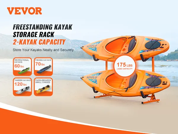 freestanding VEVOR kayak storage rack for 2 kayaks, 175 lbs capacity, on a beach backdrop.