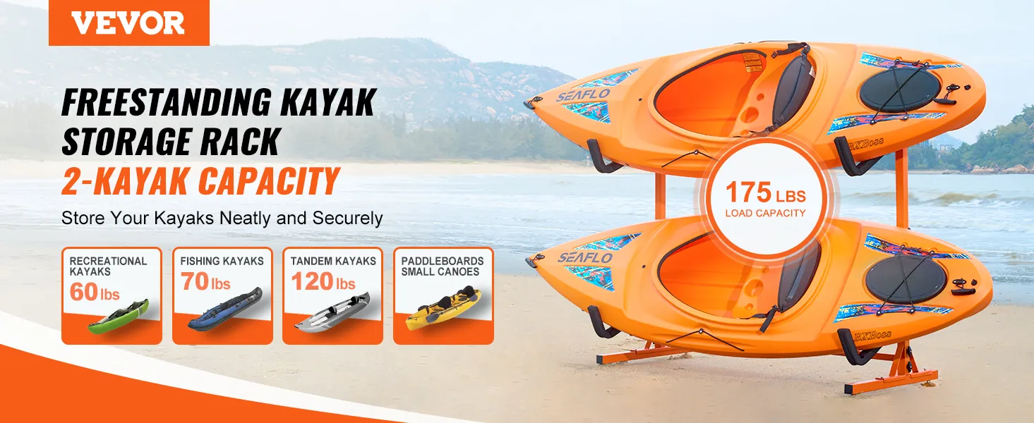 freestanding VEVOR kayak storage rack for 2 kayaks, 175 lbs capacity, on a beach backdrop.