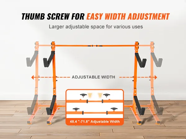 VEVOR kayak storage rack showcasing adjustable width with thumb screws, ranging from 48.4" to 71.8".