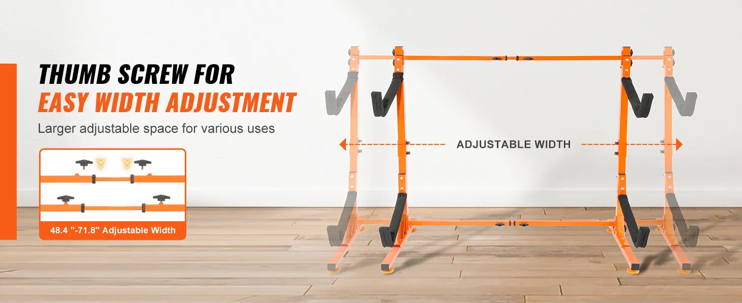 VEVOR kayak storage rack showcasing adjustable width with thumb screws, ranging from 48.4" to 71.8".