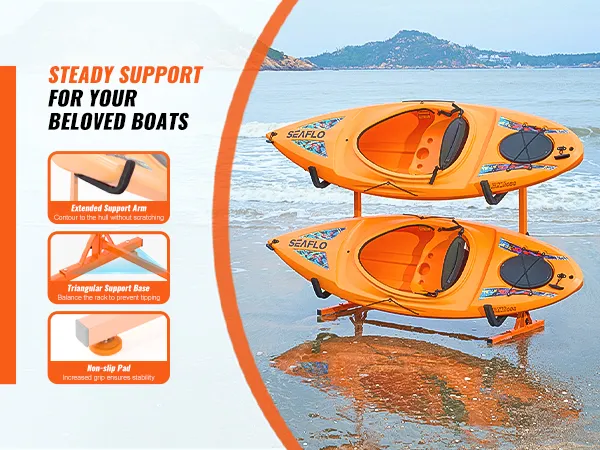 VEVOR kayak storage rack with extended support arms, triangular base, and non-slip pad, holds two kayaks on beach.