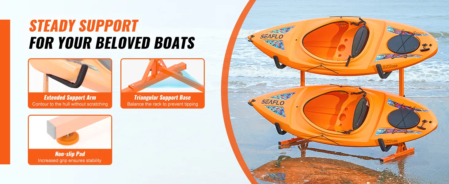 VEVOR kayak storage rack with extended support arms, triangular base, and non-slip pad, holds two kayaks on beach.