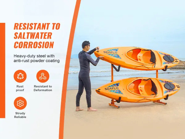 VEVOR kayak storage rack holding two orange kayaks on the beach, showcasing rust-proof, reliable steel.