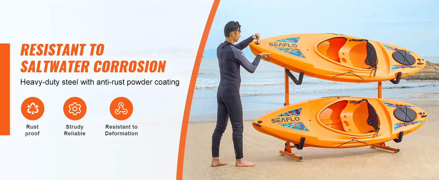 VEVOR kayak storage rack holding two orange kayaks on the beach, showcasing rust-proof, reliable steel.