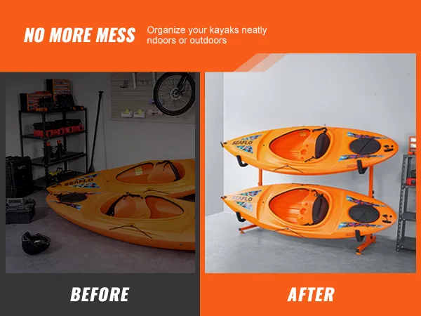 kayaks neatly stored on VEVOR kayak storage rack, showcasing organized indoor setup.