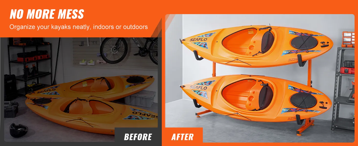 kayaks neatly stored on VEVOR kayak storage rack, showcasing organized indoor setup.