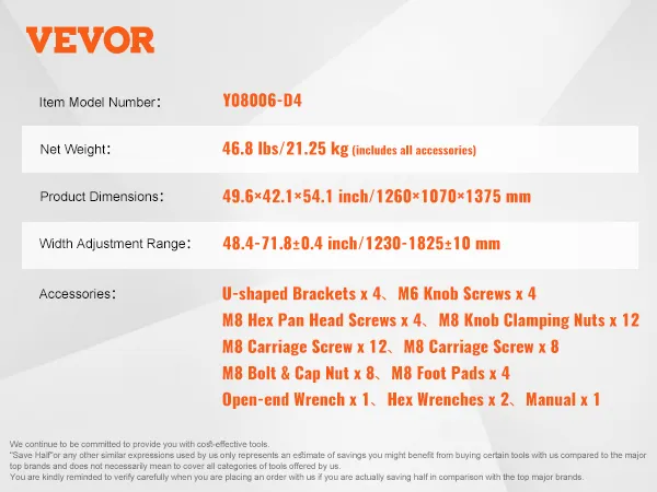 Dimensioni del porta kayak VEVOR, elenco degli accessori, modello Y08006-D4, peso 46,8 libbre, larghezza regolabile.
