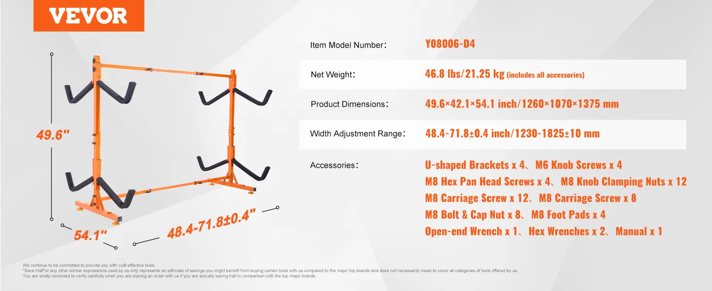 Dimensioni del porta kayak VEVOR, elenco degli accessori, modello Y08006-D4, peso 46,8 libbre, larghezza regolabile.
