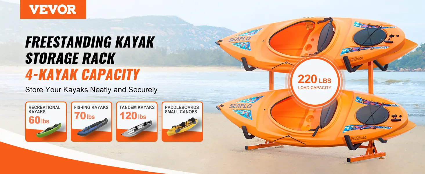 Porta kayak VEVOR con capacità di 4 kayak e carico di 220 libbre, caratterizzato da kayak di colore arancione brillante.