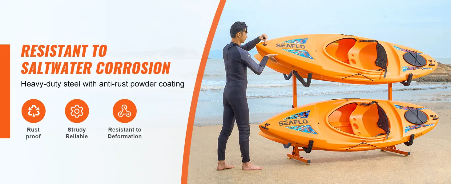 Supporto per kayak VEVOR su una spiaggia, contenente due kayak Seaflo, evidenziato per la sua resistenza alla ruggine.