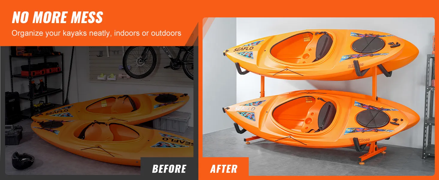 prima e dopo dei kayak, ordinatamente riposti su un porta kayak arancione VEVOR, risparmiando spazio.