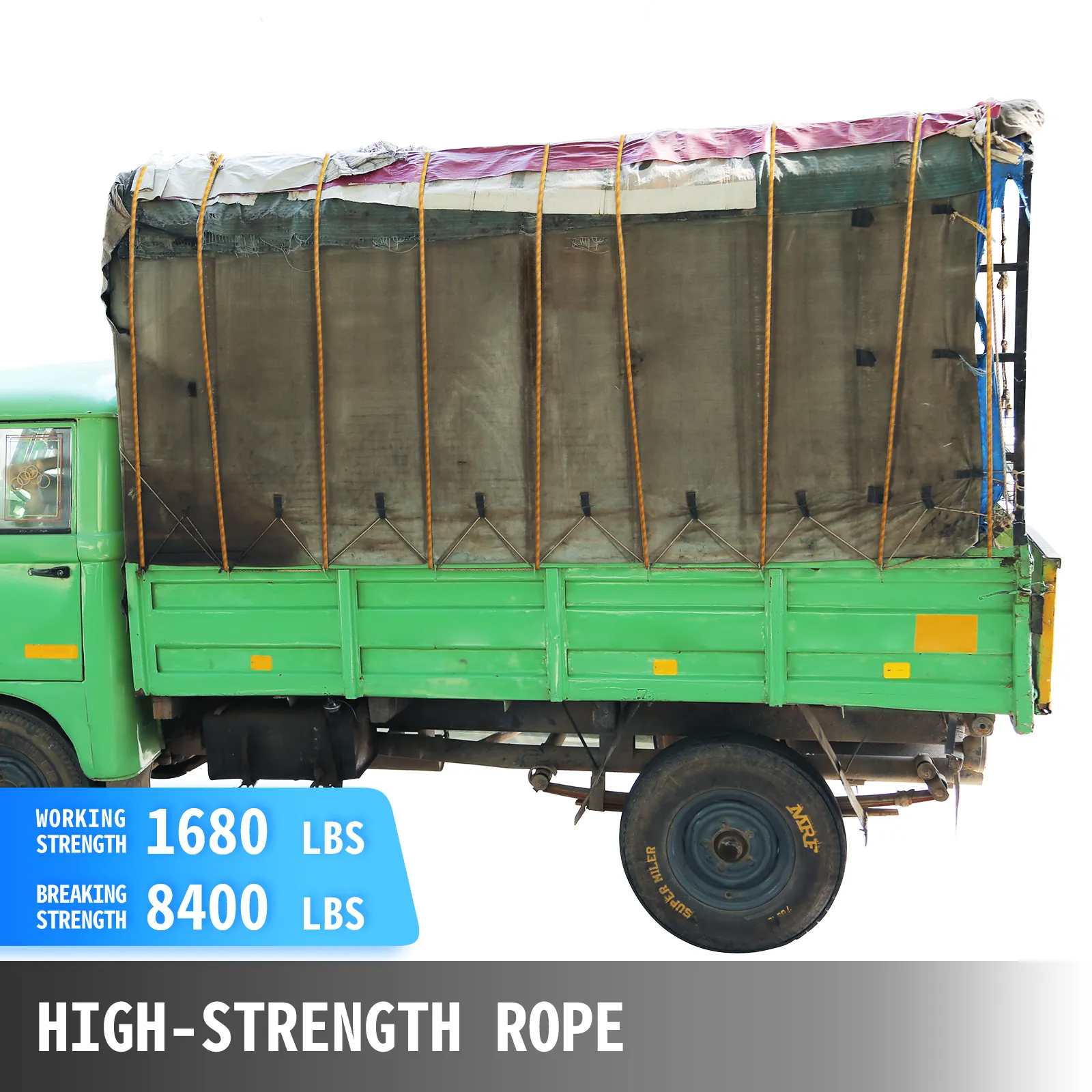 VEVOR polyester rope securing cargo on a green truck with a tarp, 1680 lbs working strength.