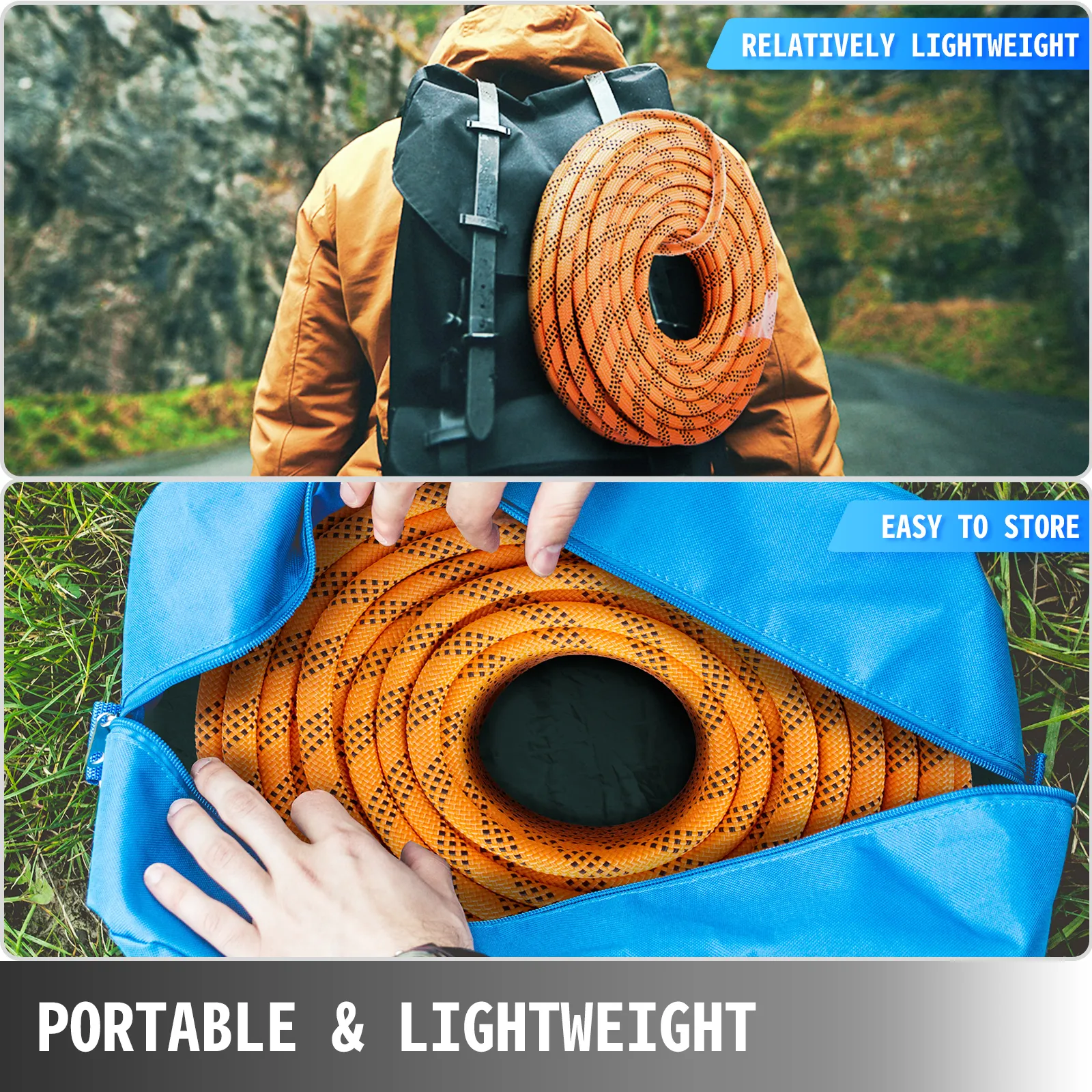 VEVOR polyester rope on backpack and inside a blue bag, portable and lightweight.