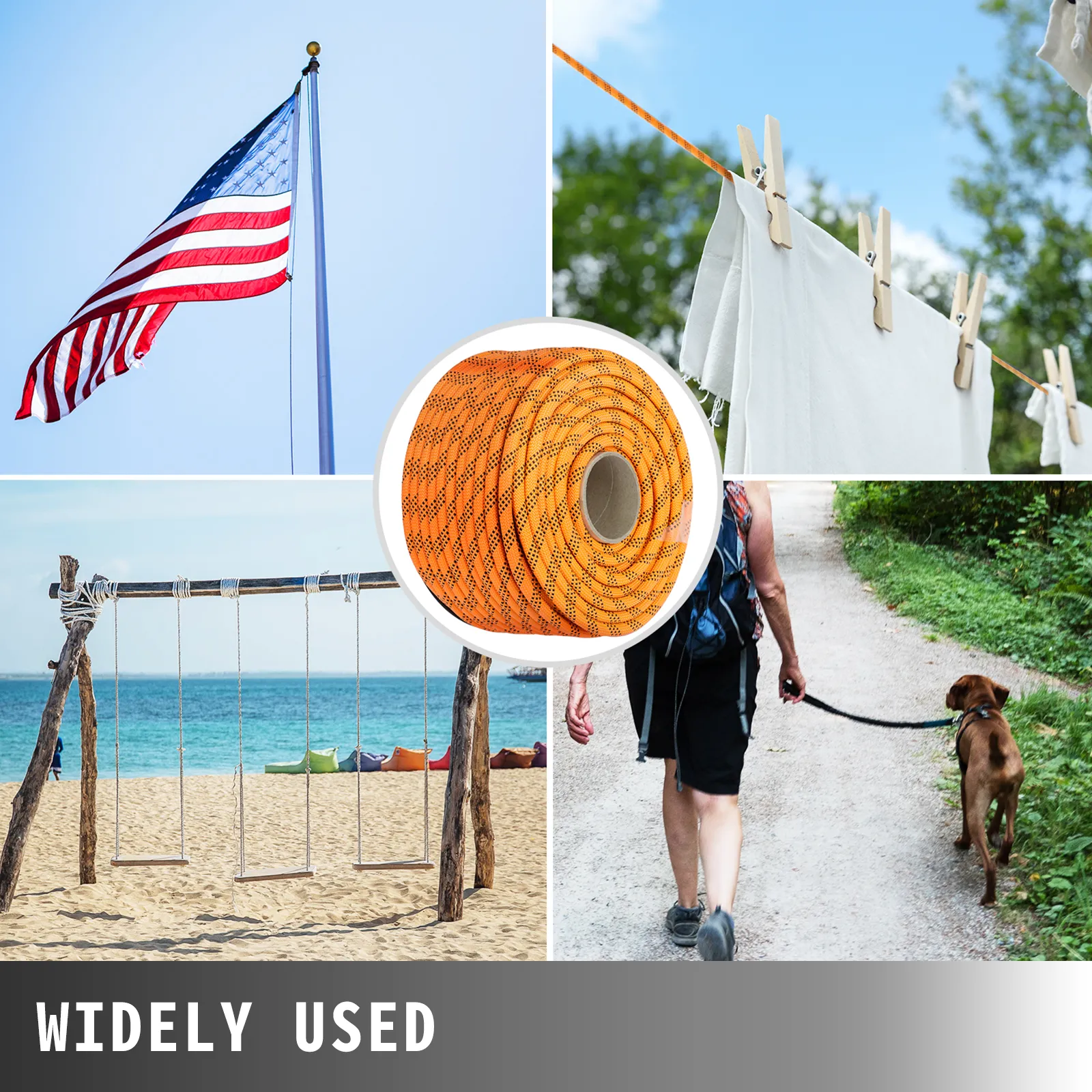 VEVOR polyester rope in use: flagpole, laundry, swing set, and dog walking.