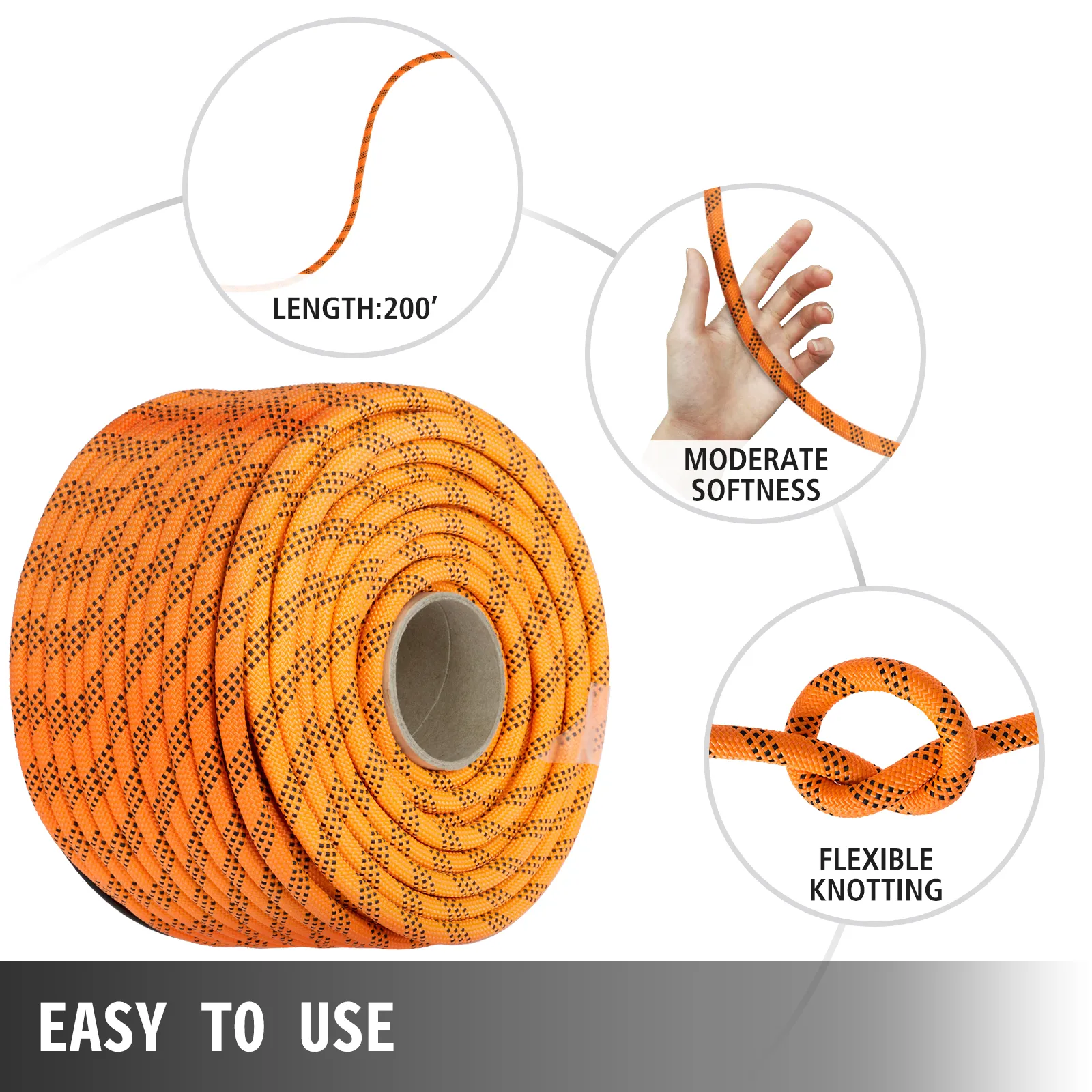 VEVOR double braid polyester rope, 200' length, moderate softness, flexible knotting.